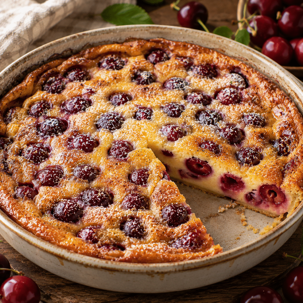 Clafoutis aux cerises fondant avec une part découpée