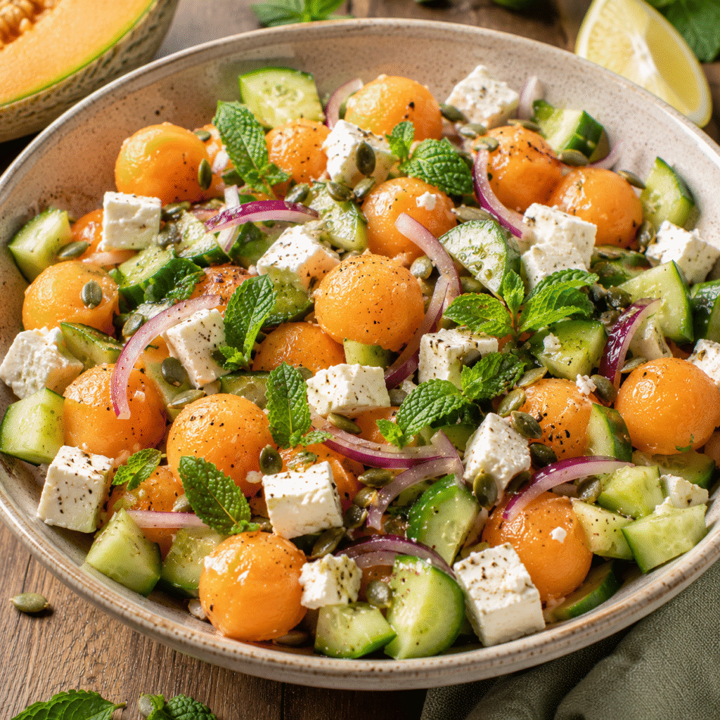 Salade melon-feta , concombre et menthe fraîche