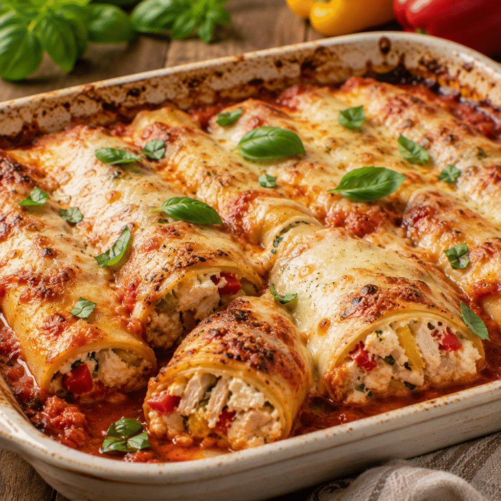 Cannellonis au poulet et poivrons gratinés à la mozzarella