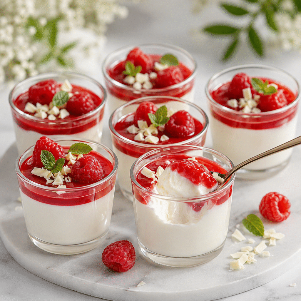 Panna cotta à la framboise servie dans des verrines