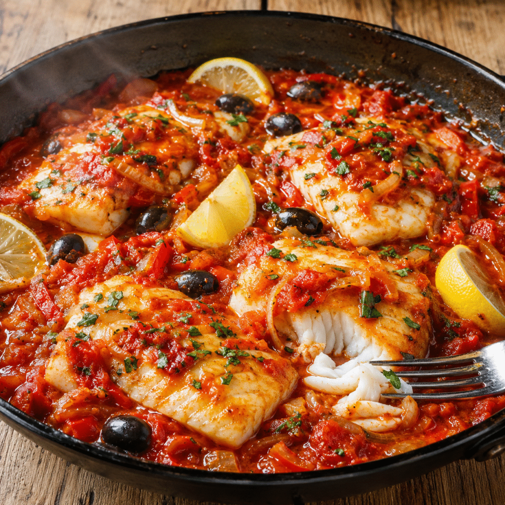Filets de poisson blanc dans une sauce tomate aux olives