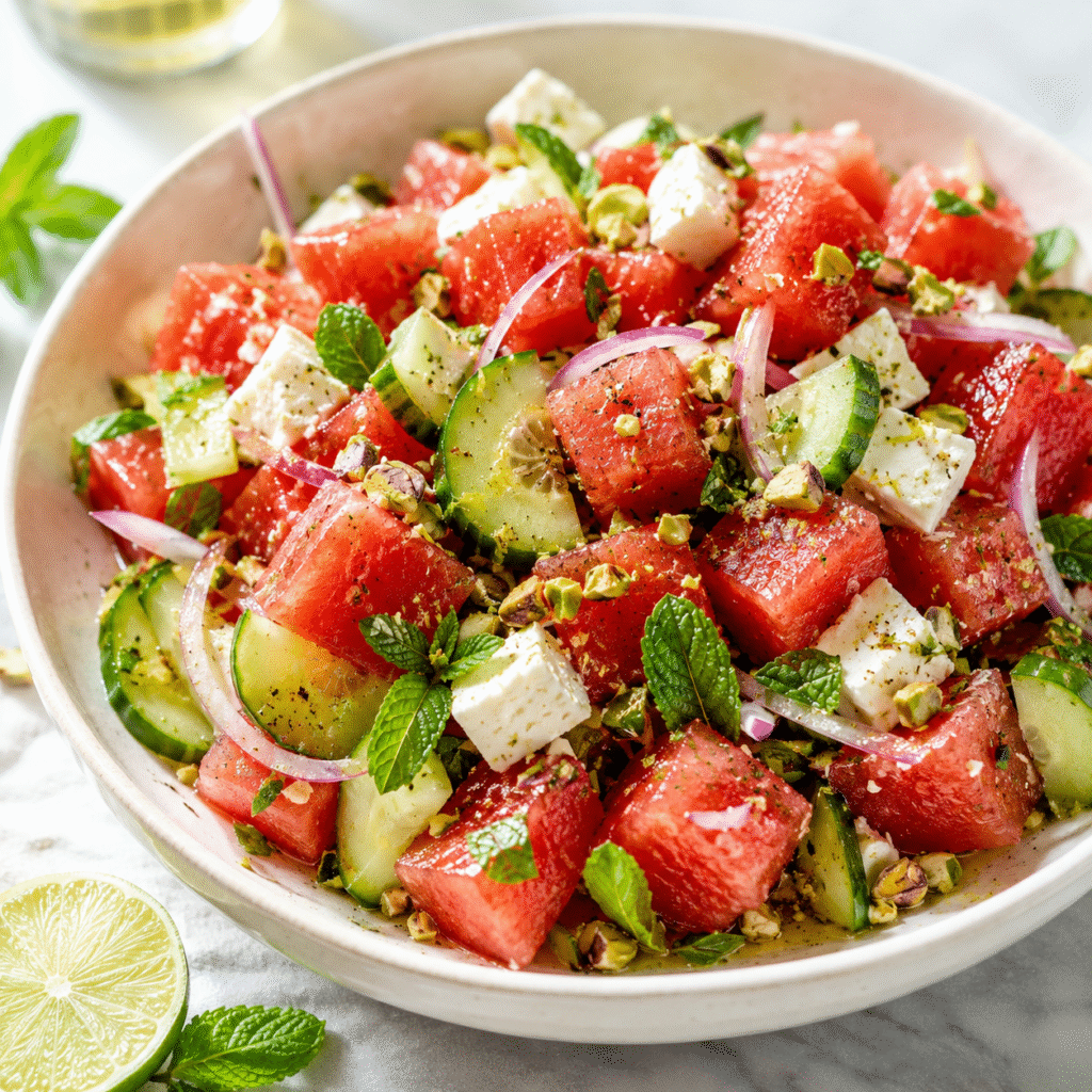 Salade pastèque feta avec concombre et menthe