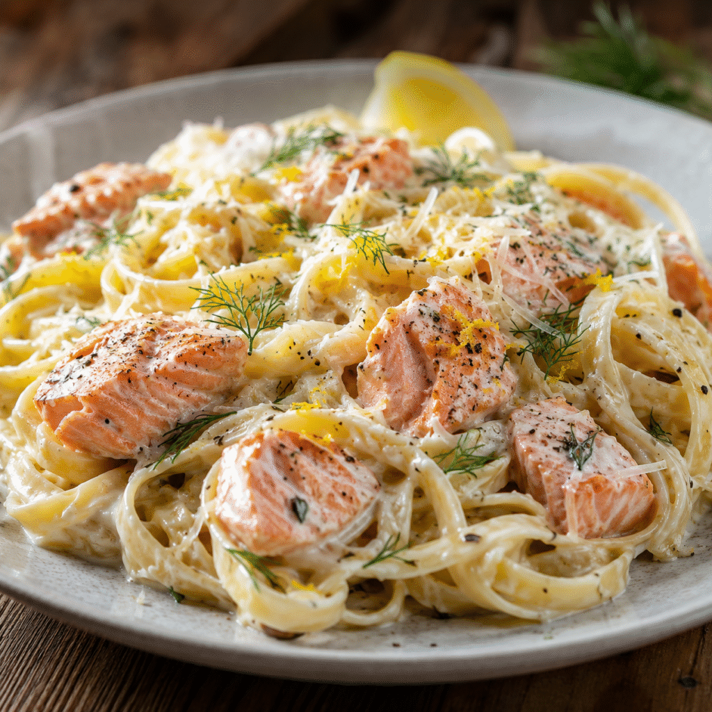 Pâtes crémeuses au saumon avec citron et aneth
