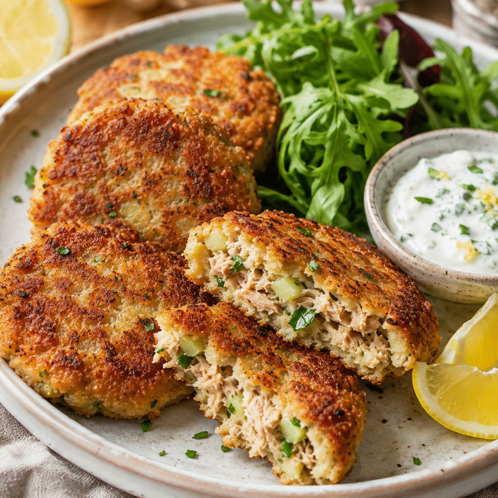 Galettes de thon dorées avec sauce au yaourt