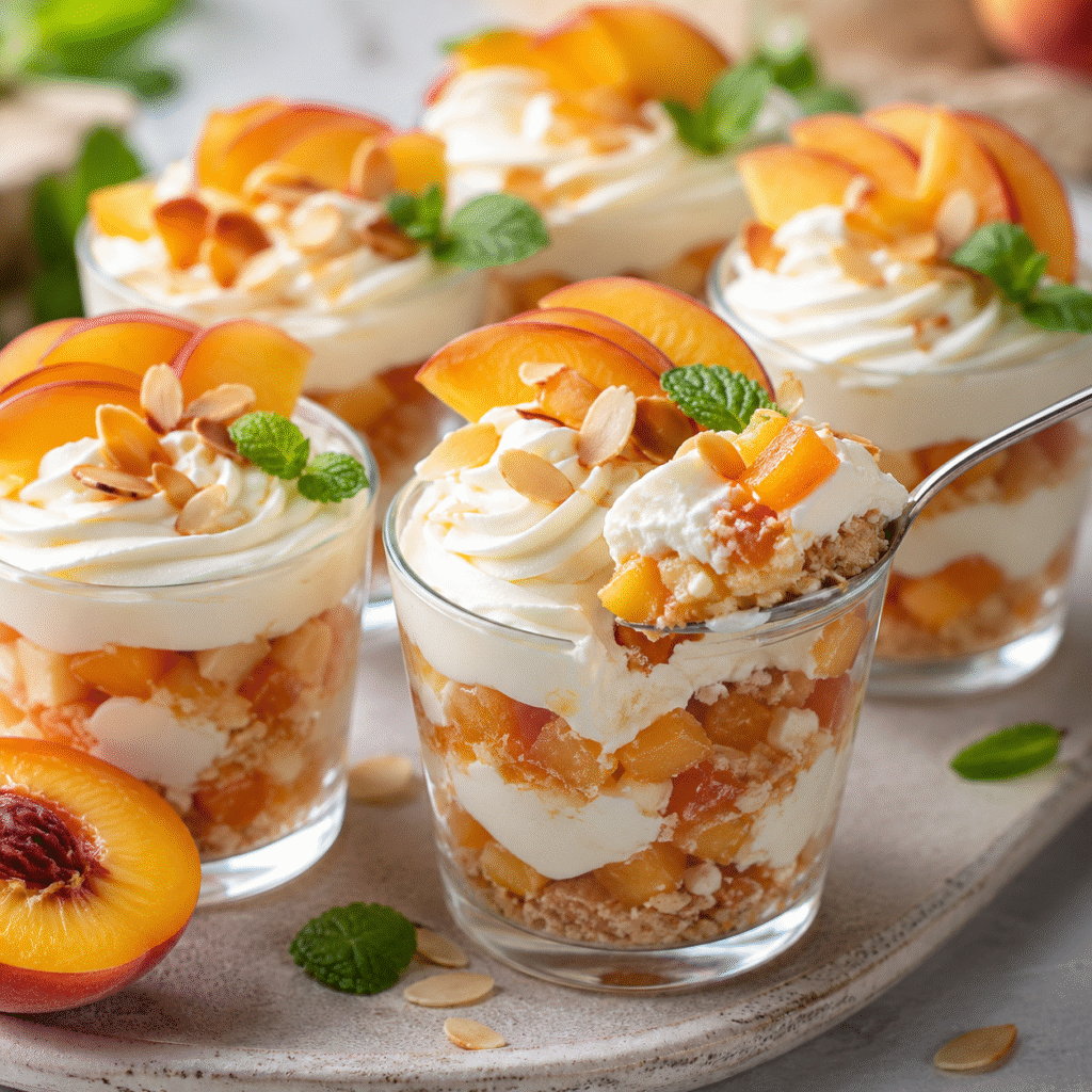 Verrines pêche mascarpone avec biscuits et amandes