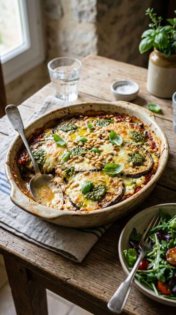 Gratin d’aubergines ricotta pesto et pignons doré au four dans un plat rustique avec basilic frais et texture fondante.
