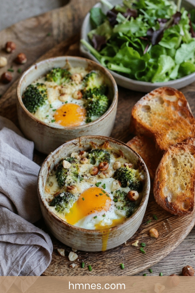 Œufs cocotte brocoli, fromage frais et noisettes servis dans des ramequins rustiques avec crème onctueuse et pain grillé.