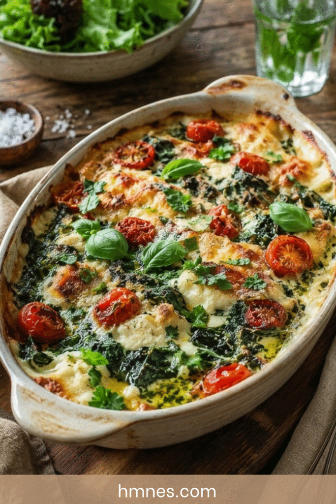 Gratin blettes ricotta, tomates cerises et parmesan doré au four dans un plat rustique avec herbes fraîches.