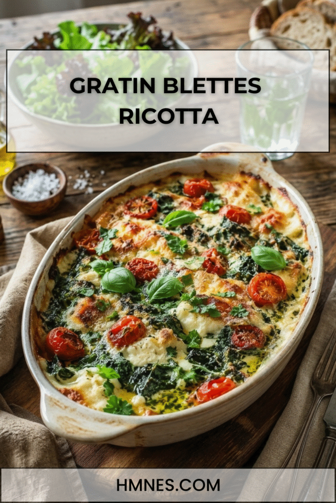 Gratin blettes ricotta, tomates cerises et parmesan doré au four dans un plat rustique avec herbes fraîches.