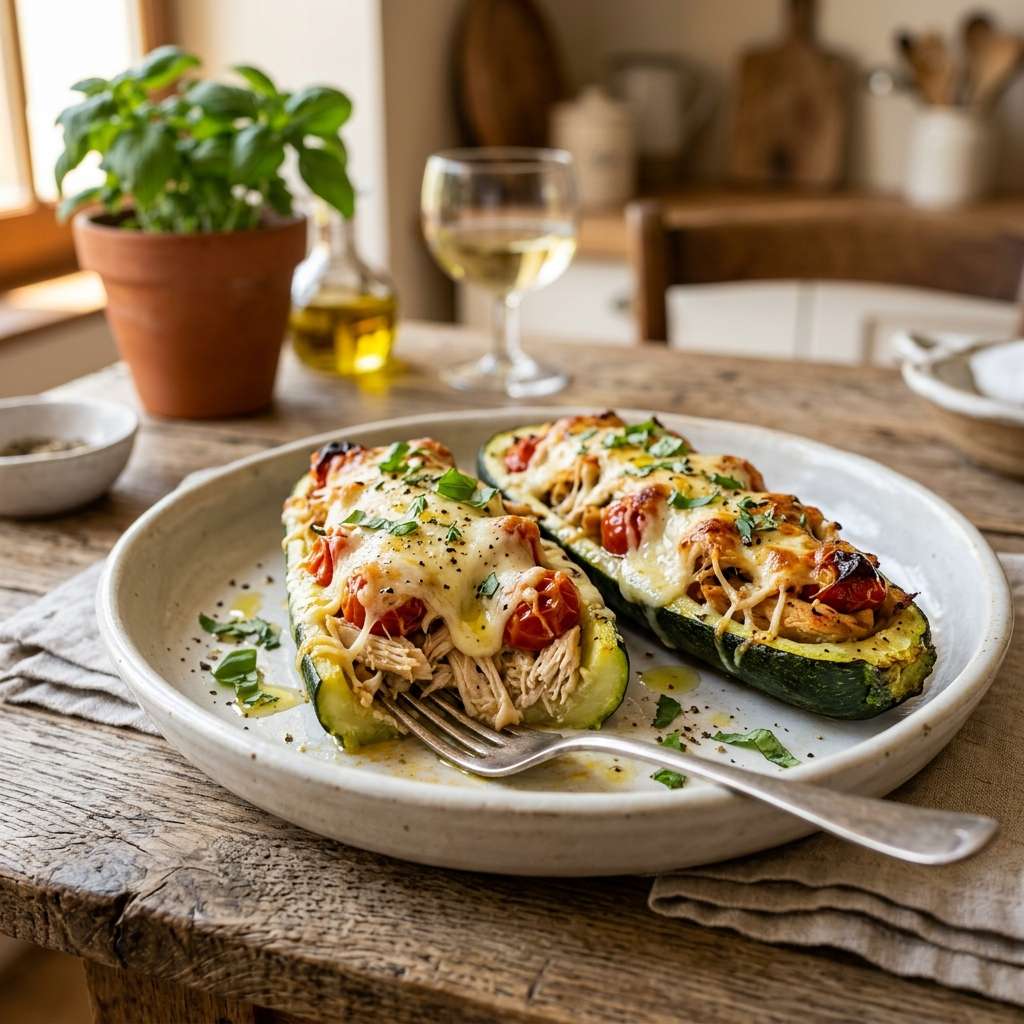 Courgettes farcies au poulet gratinées à la mozzarella
