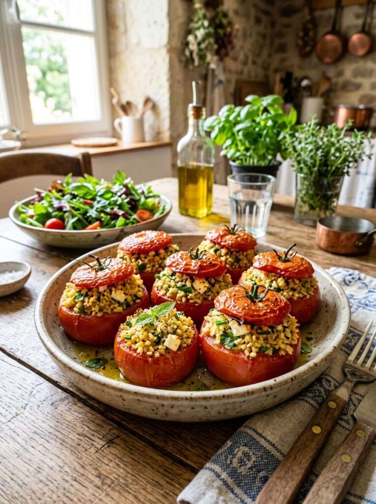 Tomates farcies au boulgour, feta et herbes fraîches servies dans un plat rustique avec une garniture dorée et parfumée.