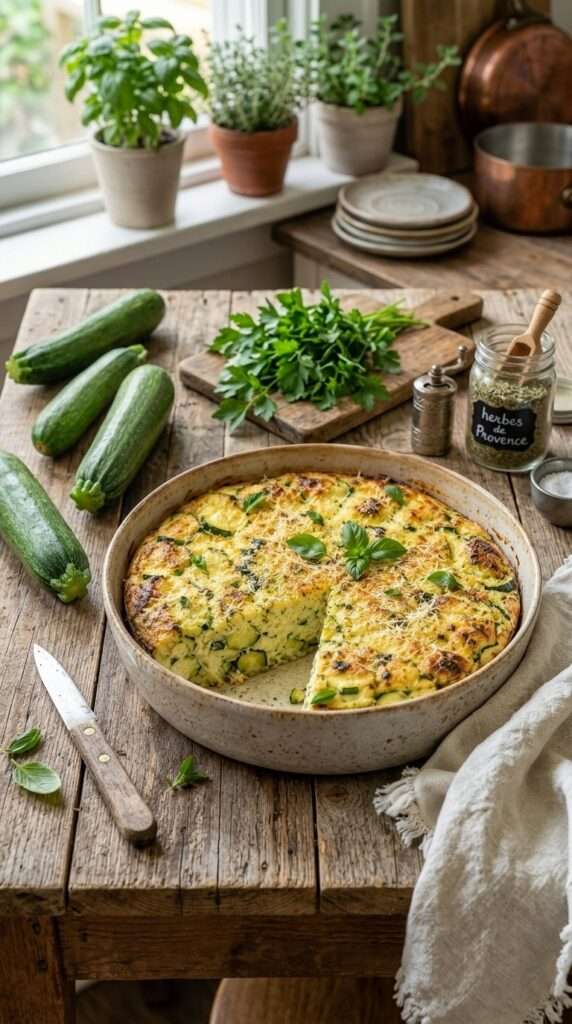 Flan courgette parmesan doré avec courgettes fondantes, parmesan râpé, herbes fraîches et texture moelleuse