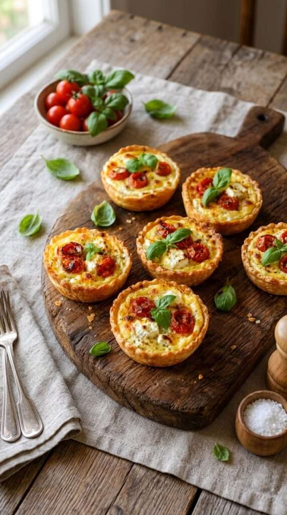 Mini quiches tomate chèvre dorées avec tomates cerises, fromage de chèvre fondant, basilic frais et pâte croustillante