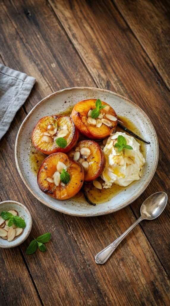 Pêches rôties au miel avec mascarpone crémeux, amandes effilées dorées et jus caramélisé