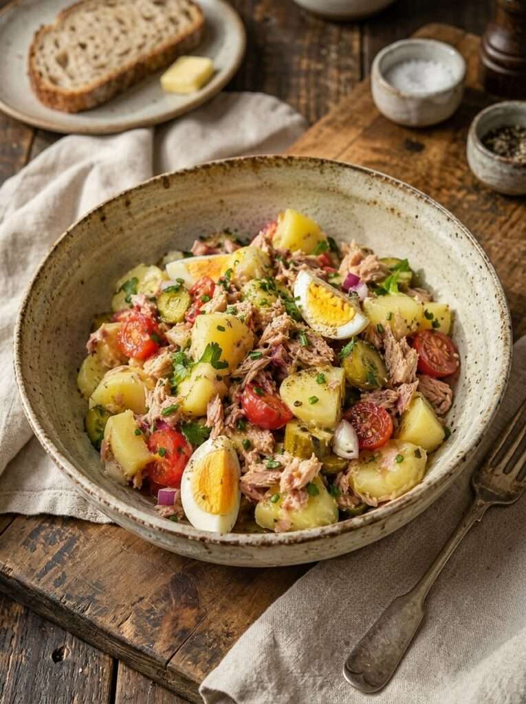 Salade pommes de terre thon œufs avec tomates, cornichons, herbes fraîches et vinaigrette maison