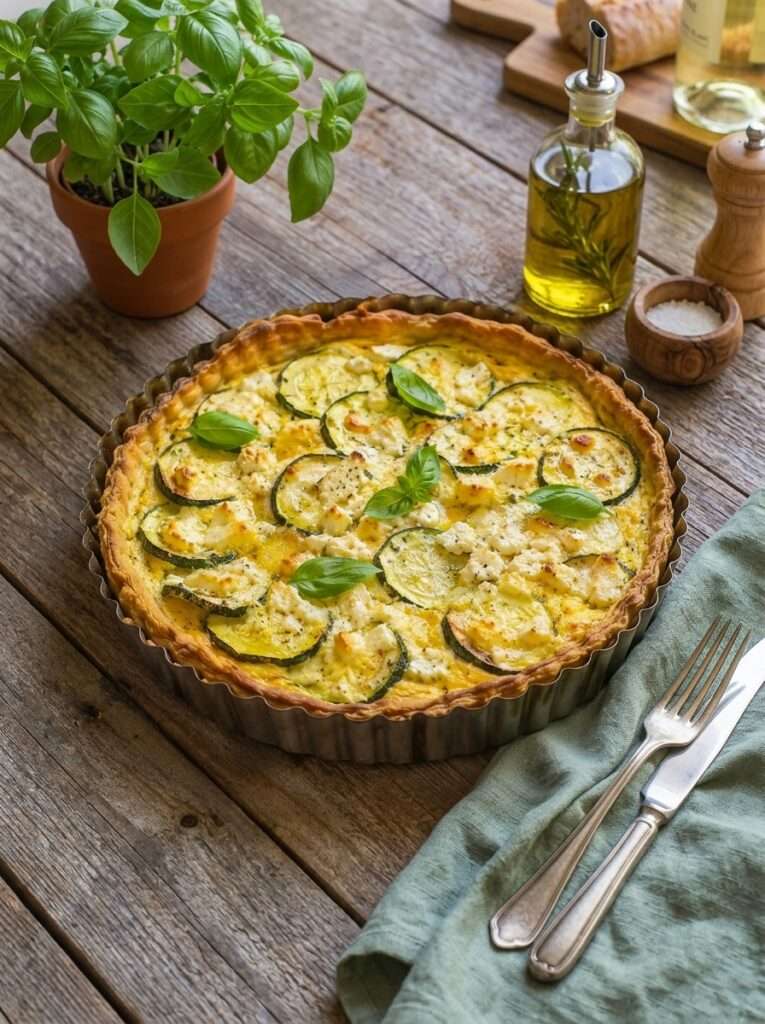 Tarte courgette feta basilic avec pâte dorée, rondelles de courgettes, feta émiettée et basilic frais