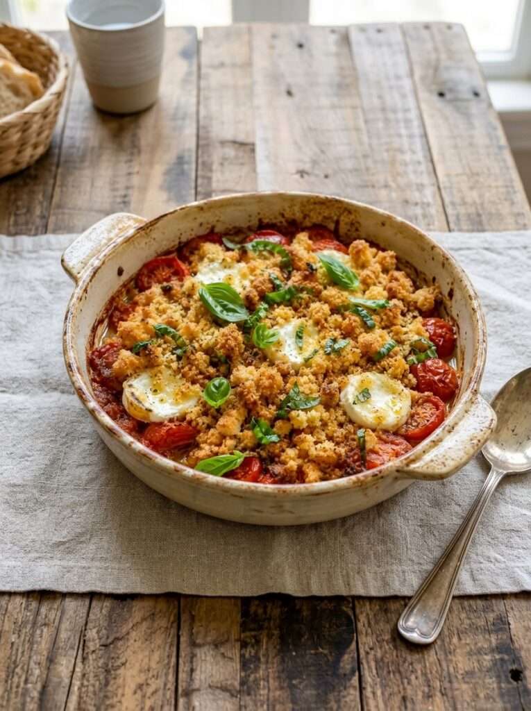 Crumble salé aux tomates, chèvre fondant, basilic frais et pâte croustillante dorée
