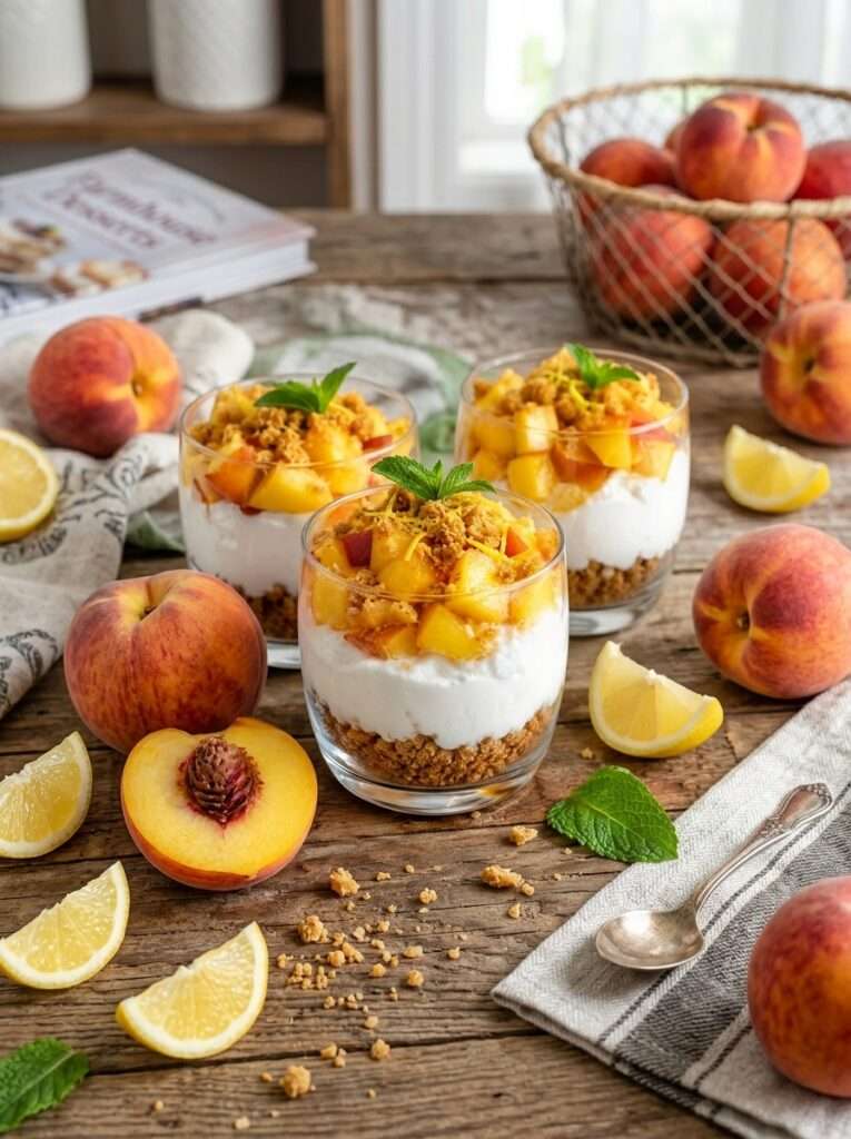 Verrines aux pêches, fromage blanc crémeux et spéculoos émiettés avec morceaux de fruits frais