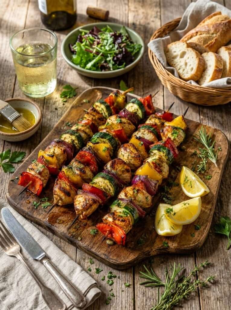 Brochettes de poulet avec courgette et poivron grillés, herbes fraîches et marinade citronnée