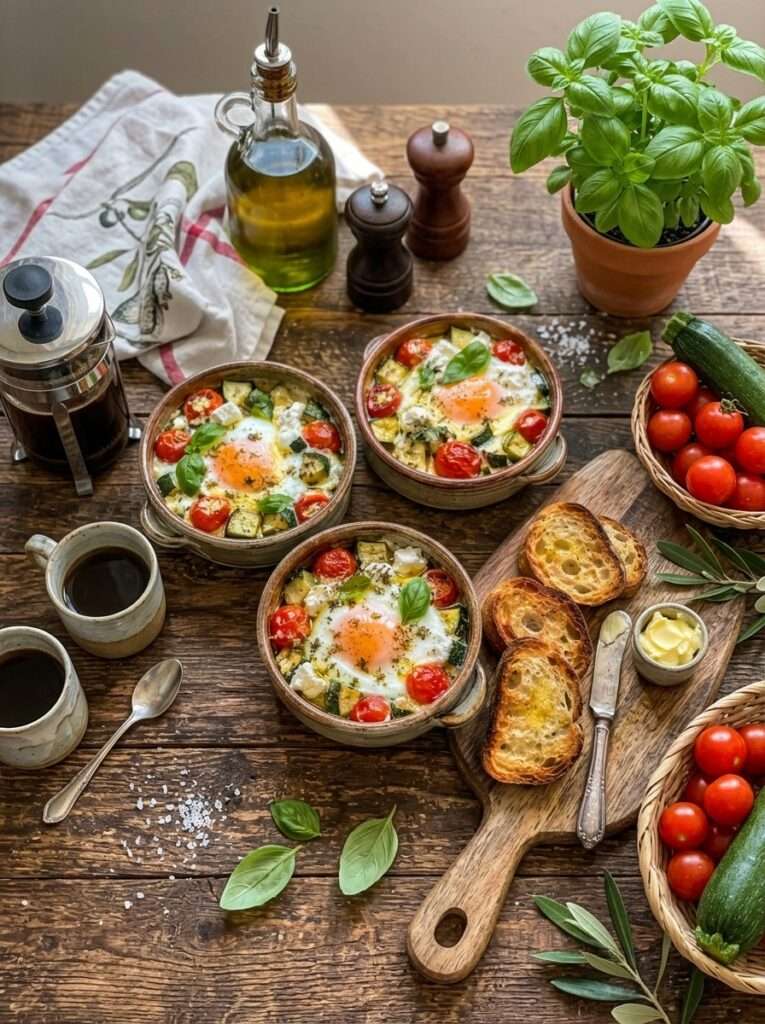 Œufs cocotte courgettes, tomates cerises et chèvre frais servis dans des ramequins rustiques avec basilic frais et pain grillé.