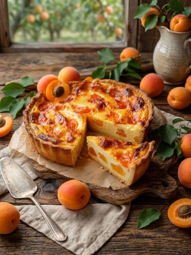 Flan pâtissier abricots et vanille bien doré avec crème fondante, morceaux d’abricots et pâte croustillante sur table rustique.