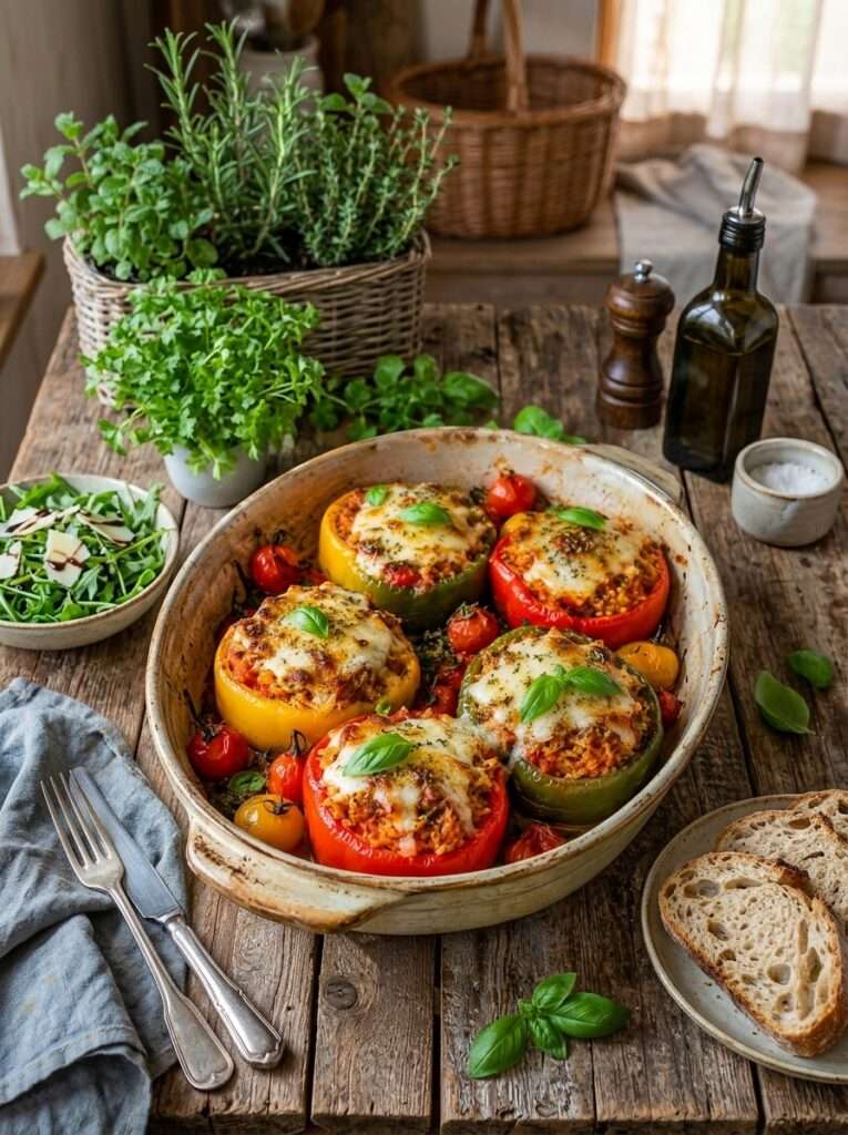 Poivrons farcis au riz, tomates et mozzarella gratinée dans un plat rustique avec basilic frais.