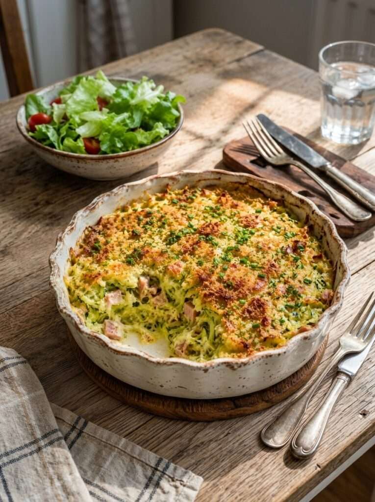 Gratin courgettes jambon et parmesan doré au four dans un plat rustique avec courgettes râpées fondantes et salade verte.