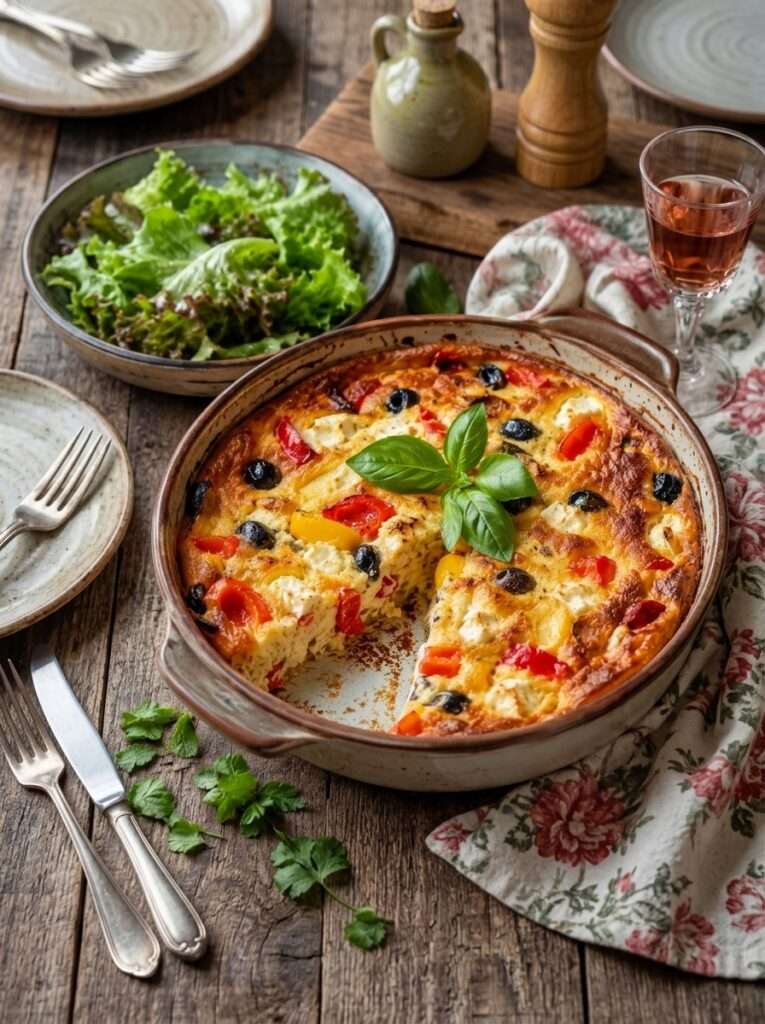 Clafoutis salé poivrons, feta et olives servi dans un plat rustique avec basilic frais et texture moelleuse dorée au four.