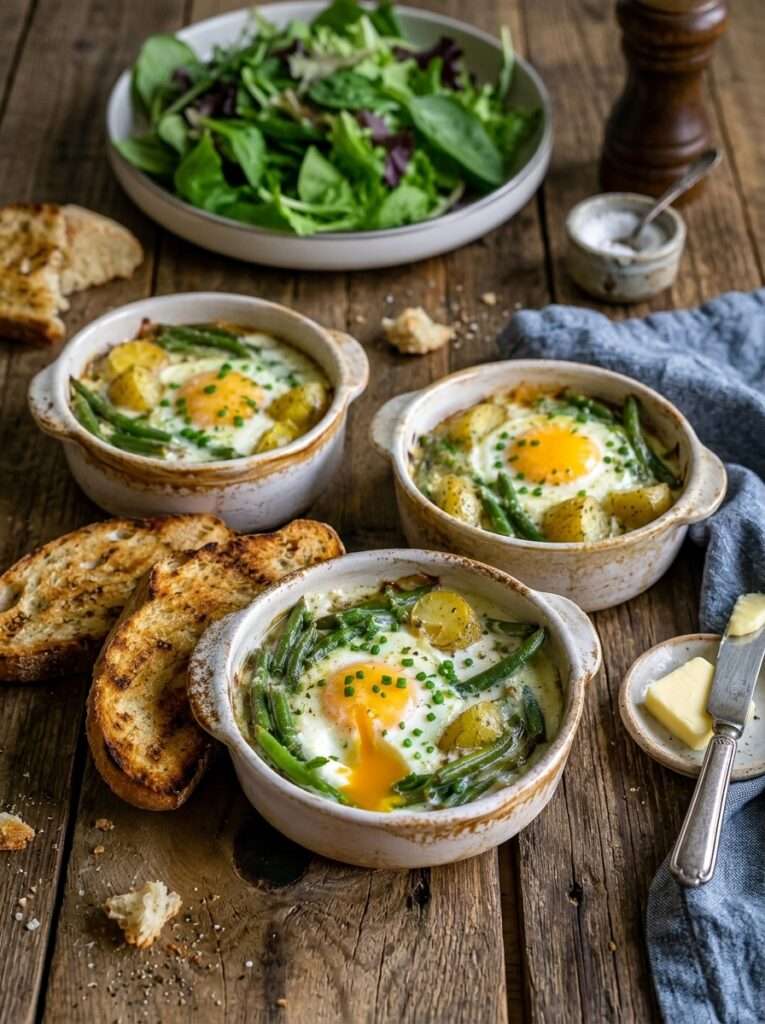 Œufs cocotte haricots verts, pommes de terre nouvelles et crème ciboulette servis dans des ramequins rustiques.