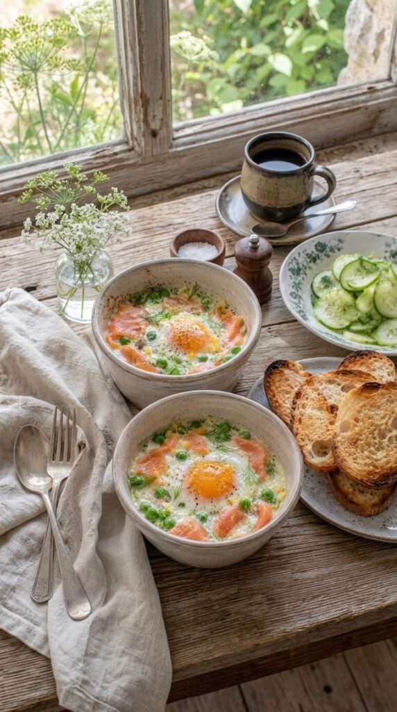 Œufs cocotte petits pois, saumon fumé et aneth servis dans des ramequins rustiques avec crème légère et pain grillé.