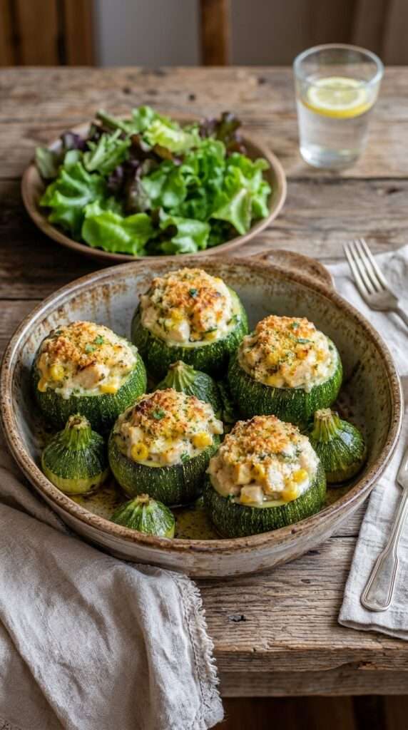 Courgettes farcies poulet, maïs et fromage frais gratinées au four dans un plat rustique avec herbes fraîches.