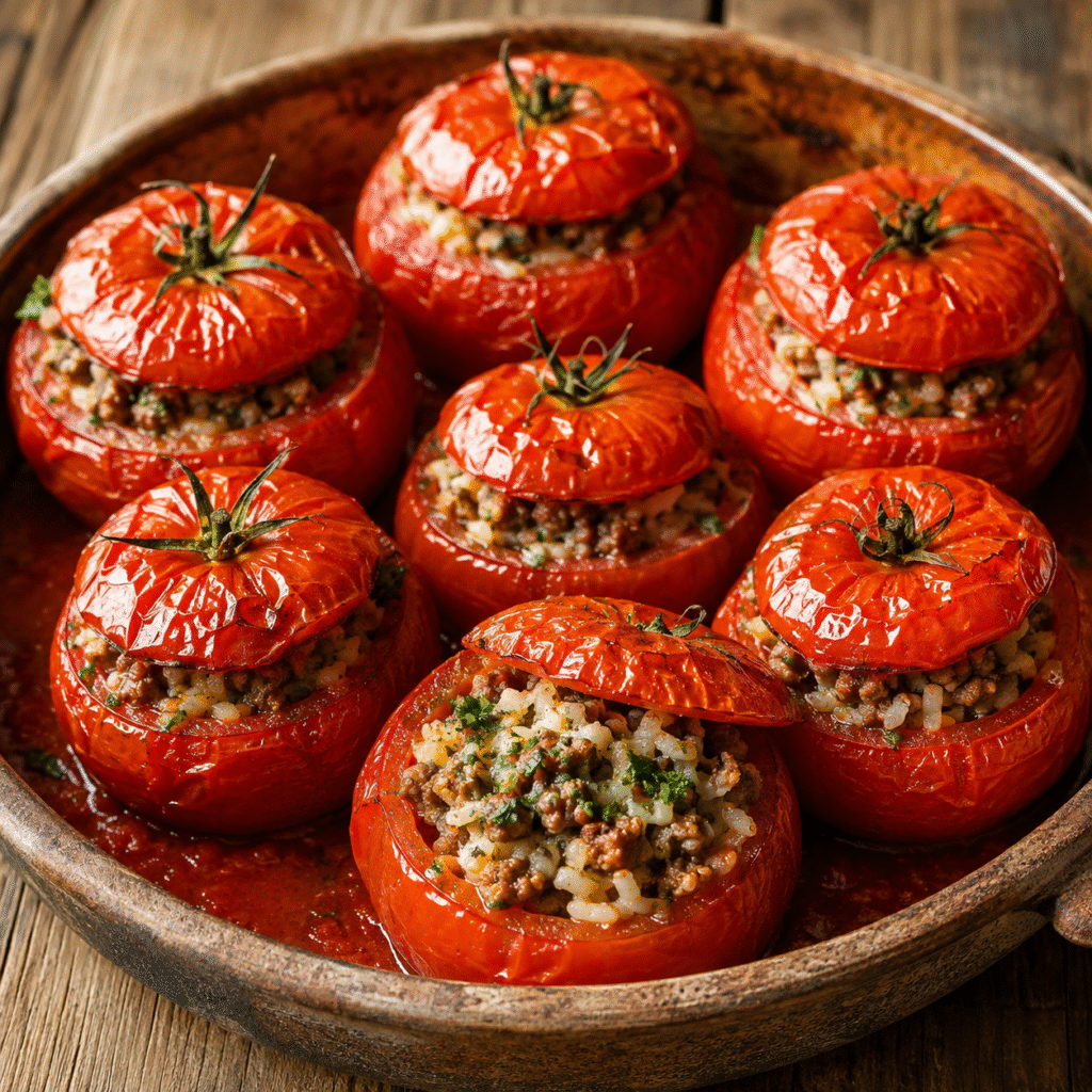 Tomates farcies au bœuf et au riz cuites au four