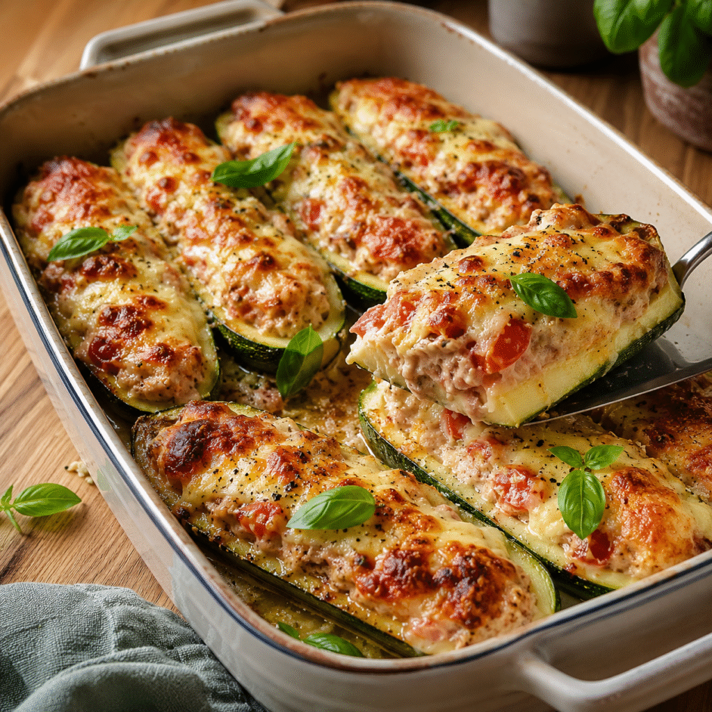 Courgettes gratinées au thon, tomate et mozzarella