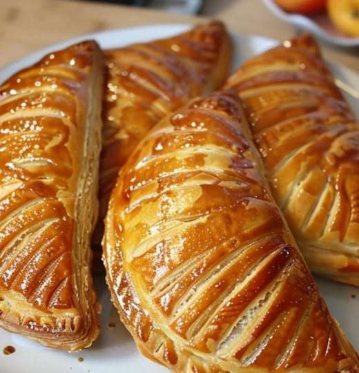 Chaussons aux pommes maison dorés et croustillants, garnis de pommes caramélisées et saupoudrés de sucre glace.