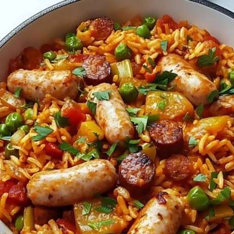 Assiette de jambalaya créole aux crevettes, saucisses et poulet, garnie de persil frais et servie bien chaude.