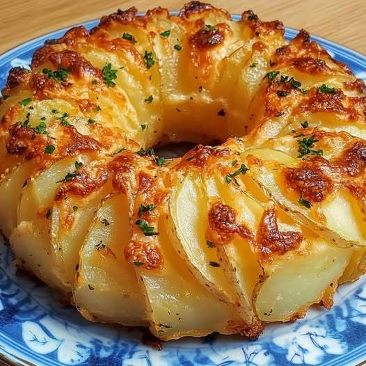 Couronne croustillante de pommes de terre dorée au four, parsemée de persil frais sur un plat de service