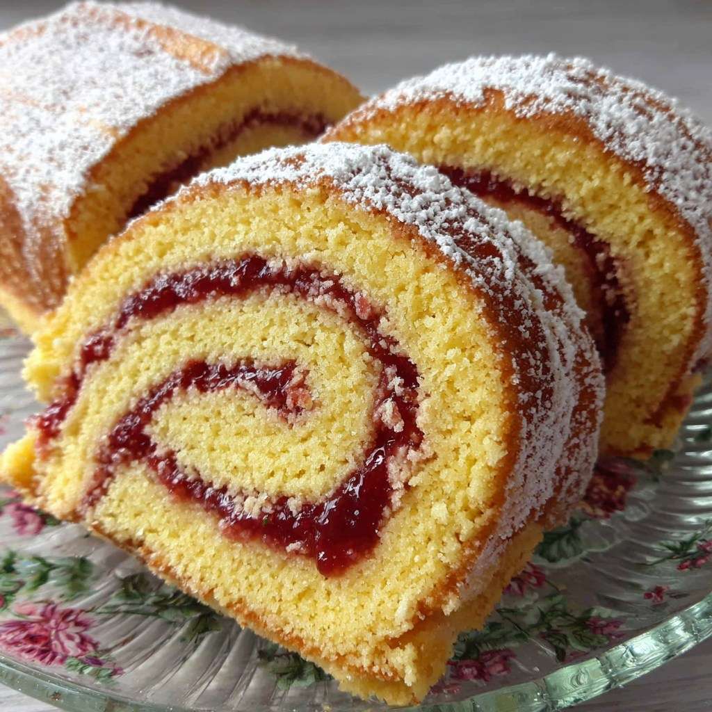 Biscuit roulé à la confiture de framboise saupoudré de sucre glace, moelleux et doré, prêt à être dégusté.