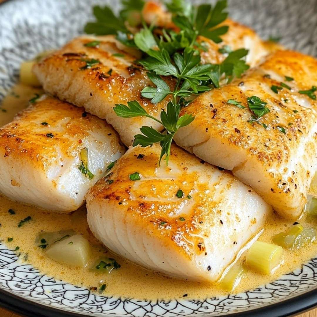 Blanquette de turbot aux poireaux servie avec une sauce onctueuse et des légumes fondants, dans une assiette creuse garnie de persil frais.