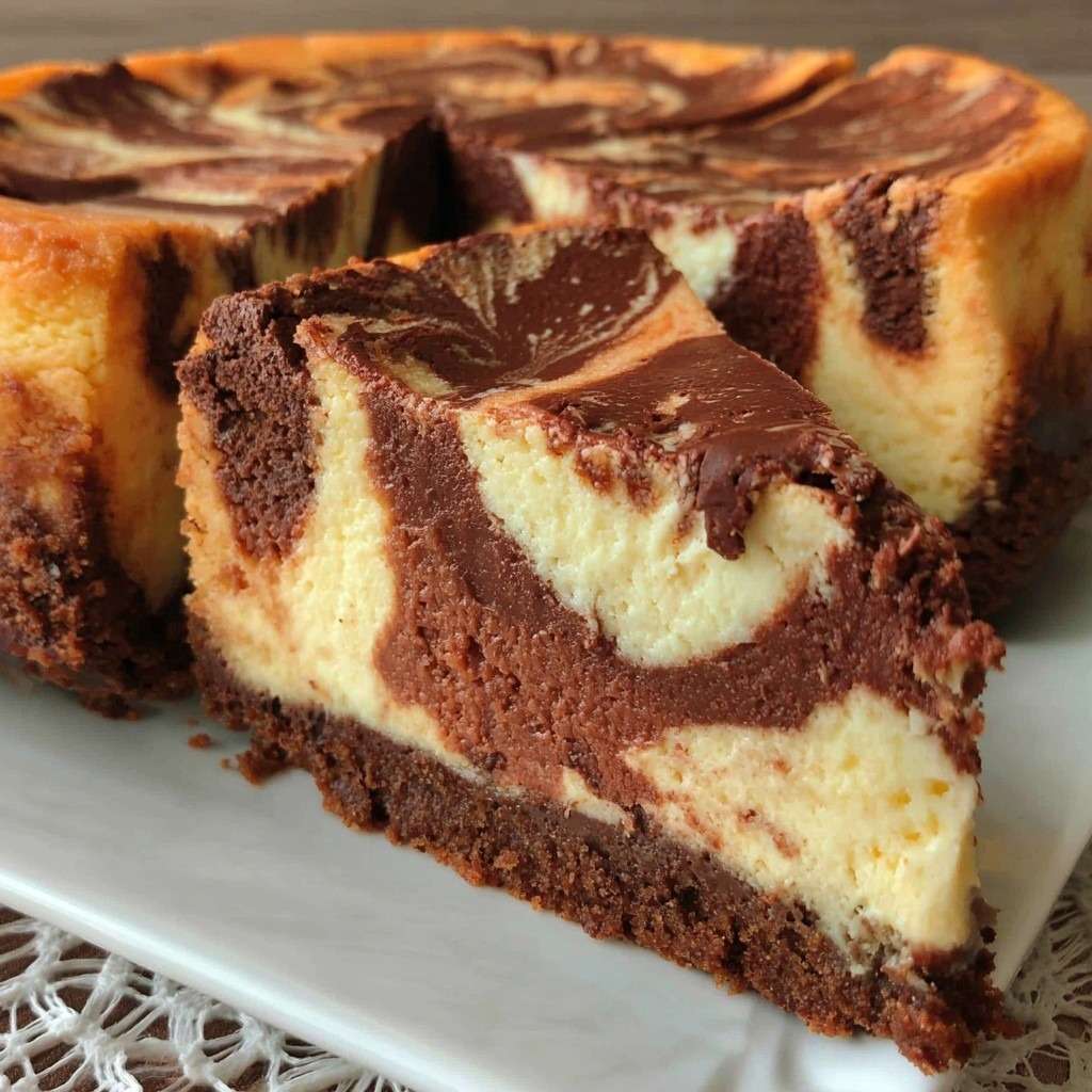 Cheesecake marbré chocolat et vanille avec effet marbré parfait sur base biscuitée au chocolat.