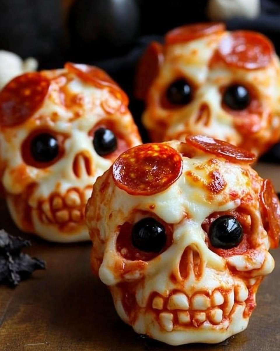 Crânes de pizza d’Halloween dorés et croustillants sur plaque de cuisson, décorés comme des jack o’ lantern pour la fête du 31 octobre.