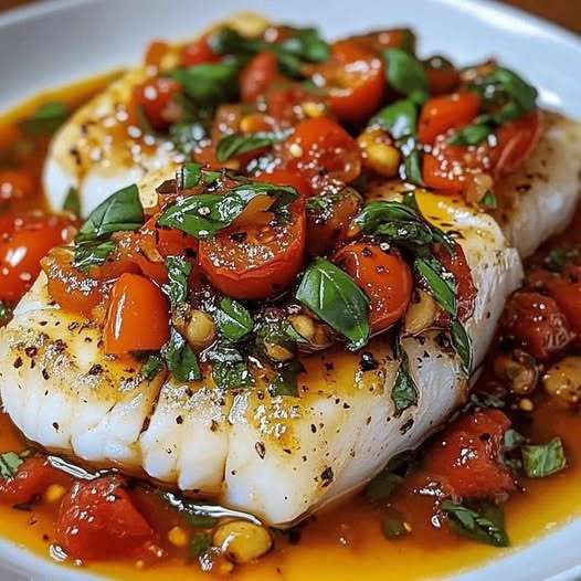 Cabillaud gratiné au four garni de tomates cerises et de basilic frais dans un plat blanc, prêt à être servi.