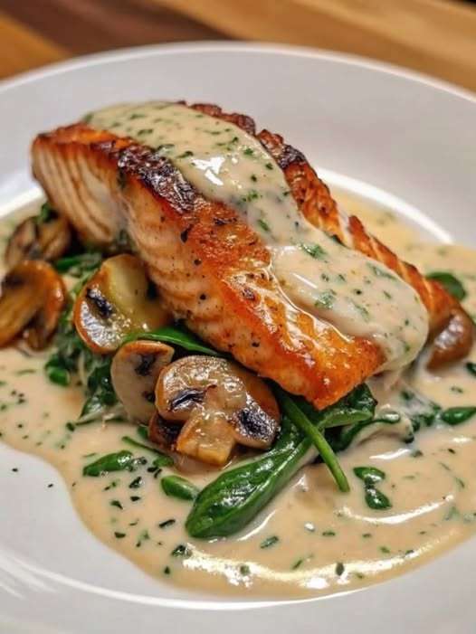 Saumon crémeux à l’ail, beurre, épinards et champignons