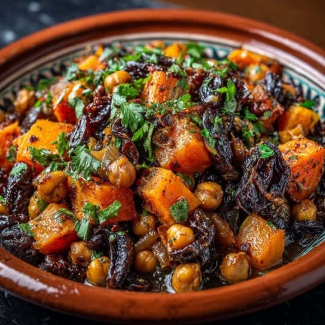 Tajine de patate douce, pruneaux et pois chiches servi chaud dans un plat traditionnel, garni d’amandes effilées.