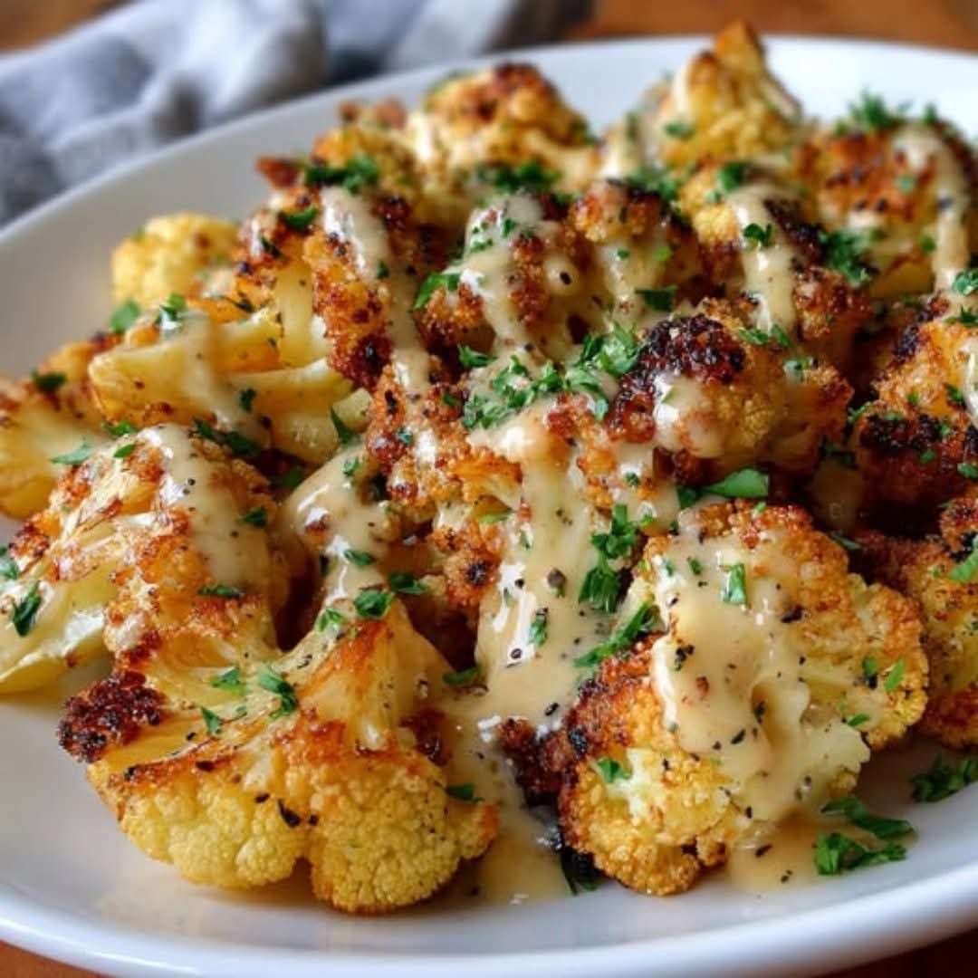 Chou-fleur rôti doré et nappé de sauce miel-moutarde dans un plat de service.