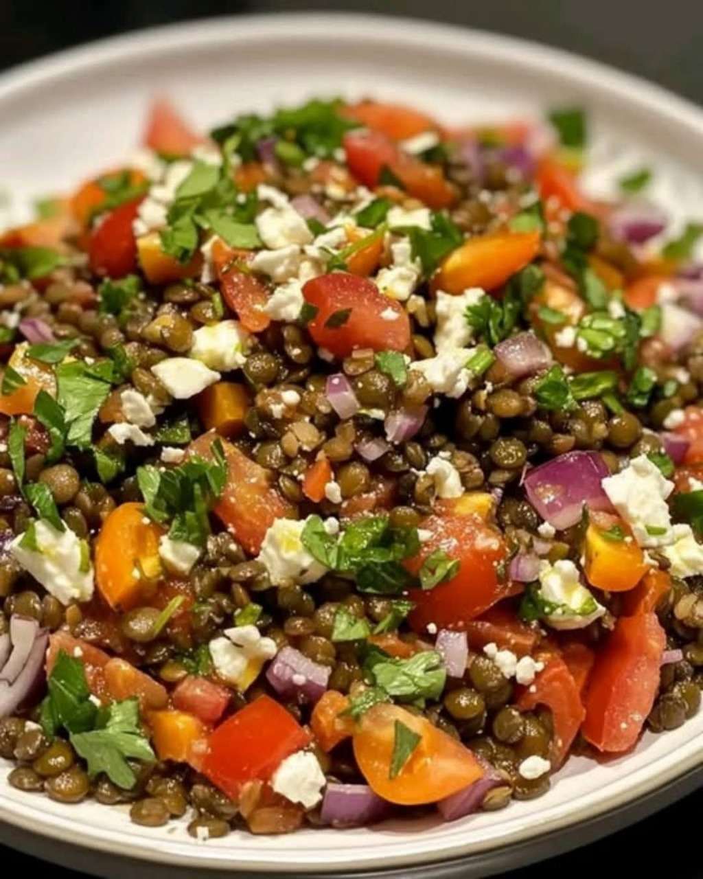 Salade de lentilles avec légumes frais, feta émiettée et persil dans un grand saladier.