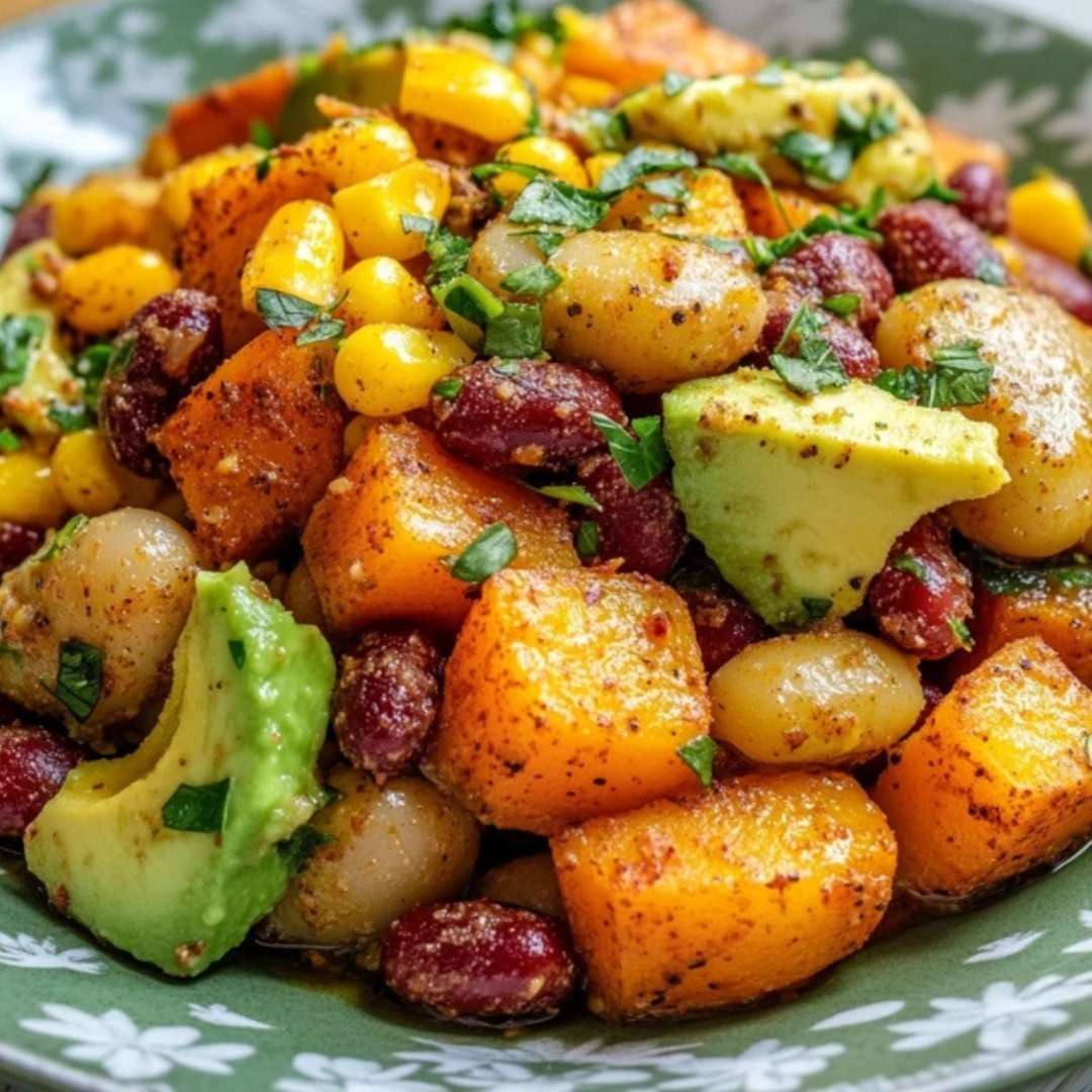 Salade tiède de courge rôtie, haricots, maïs et avocat, garnie d’herbes fraîches.