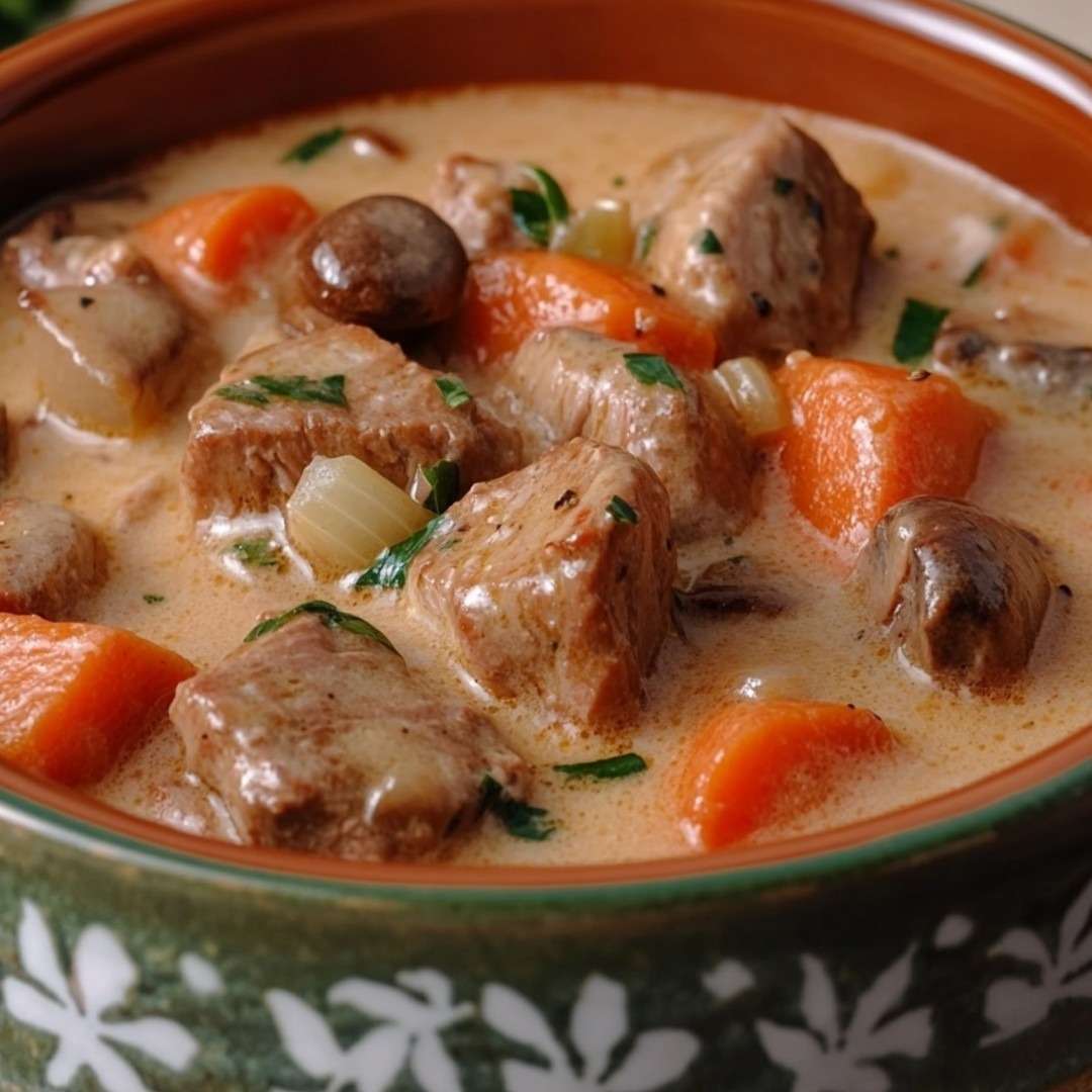 Blanquette de veau à l’ancienne servie dans une cocotte, avec sauce blanche, carottes et champignons.