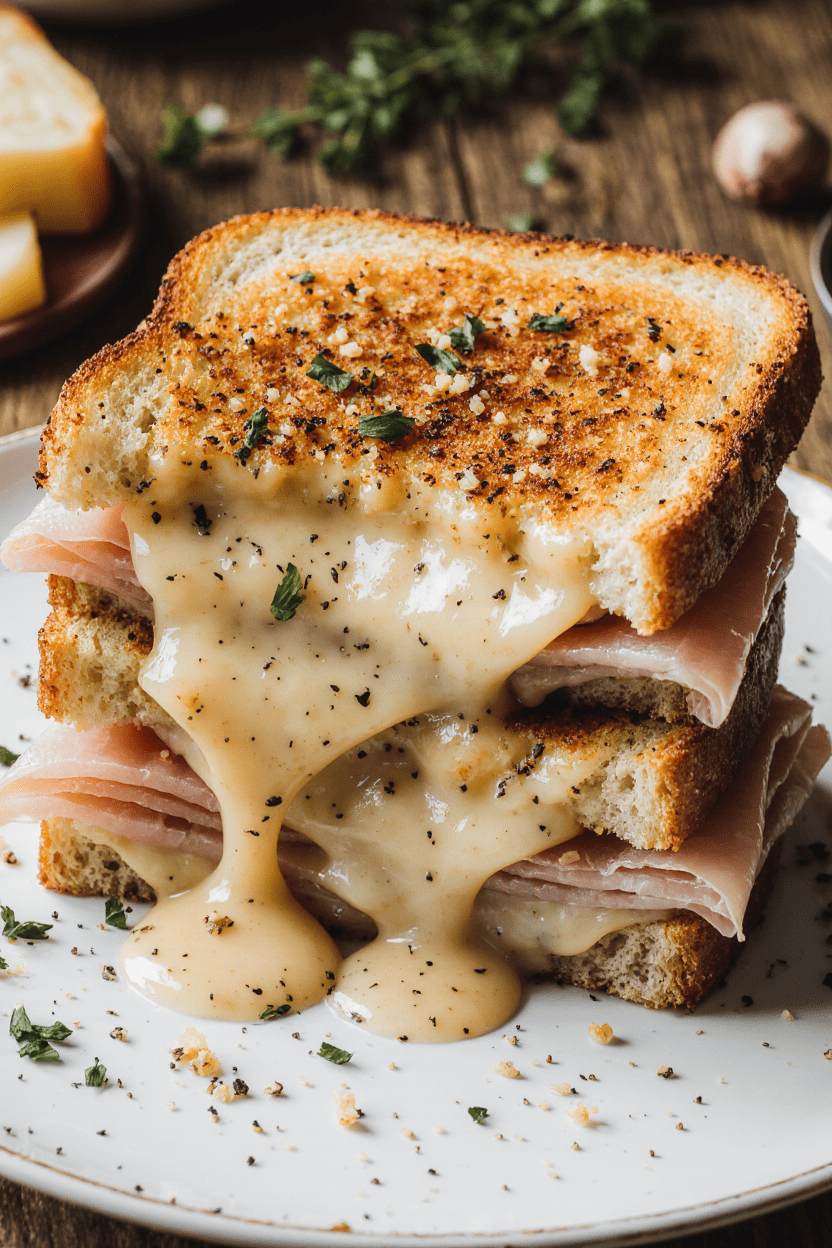 Croque-monsieur montagnard doré au four, garni de fromage à raclette fondant et de jambon de pays.