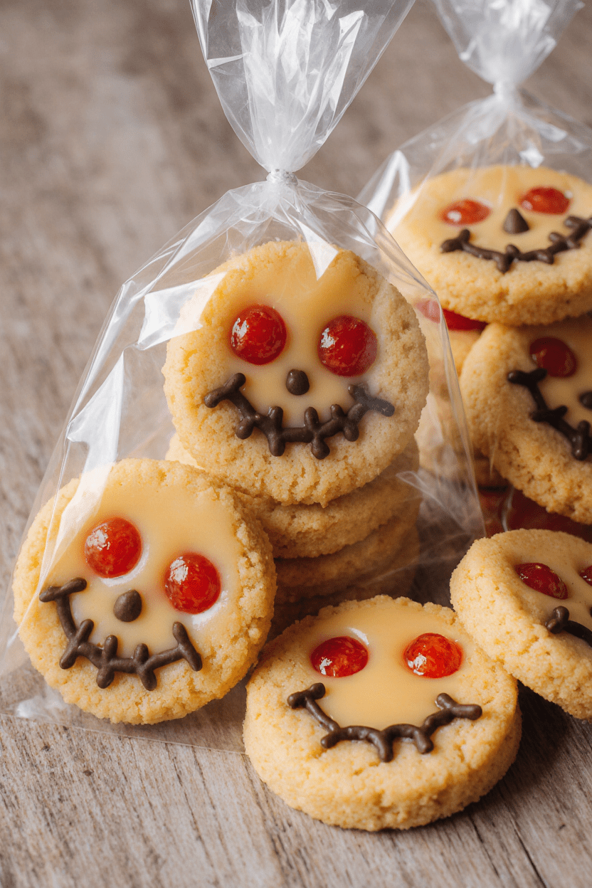 Biscuits au lait concentré sucré spécial Halloween décorés façon jack o’ lantern sur plaque de cuisson pour le soir du 31 octobre.