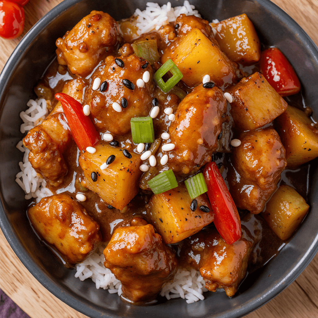 Poulet aigre-doux maison avec poivrons, ananas et sauce brillante, servi sur un lit deriz blanc